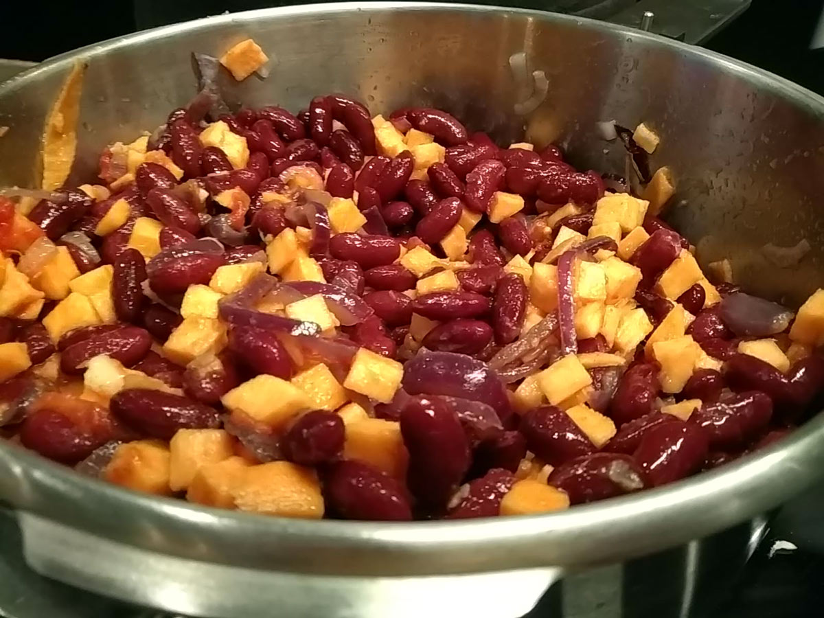 The beans and sweet potato were the last ingredients to go into the pot, then the lid went on.
